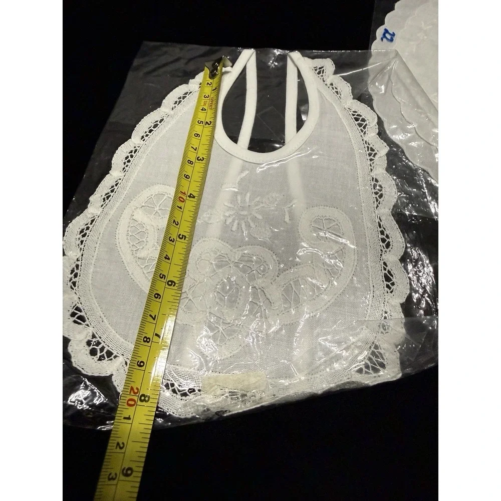 Lot of 3 New VTG White Floral Embroidery‎ Drawstring Doll Bibs